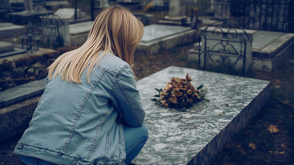 Illustration de l'extrait 1 du roman L'éclat de sa voix : jeune fille devant une tombe