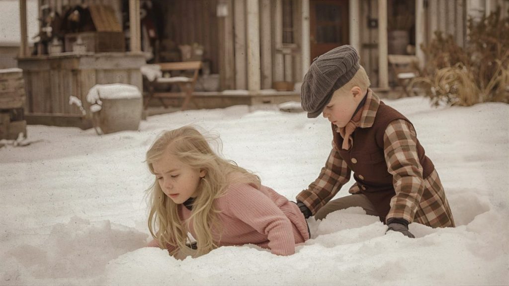 Illustration extrait 1 Les Ceintures de fleurs : vieille photo enfants dans la neige