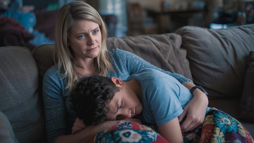 Illustration de l'extrait 3 du roman L'éclat de sa voix : maman triste et son fils sur un canapé