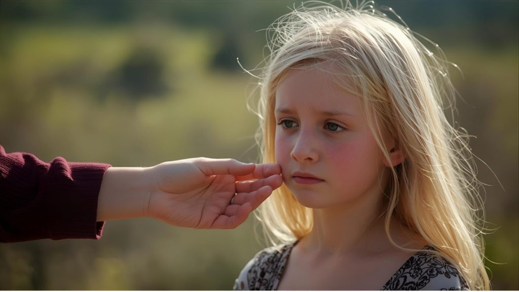 Illustration nouvelle Osmose : fillette blonde triste consolée